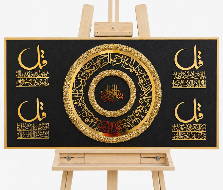 تابلو دکوراتیو آیه قرآنی چهار قل دستساز با زمینه اکرولیک، کریستال و رزین